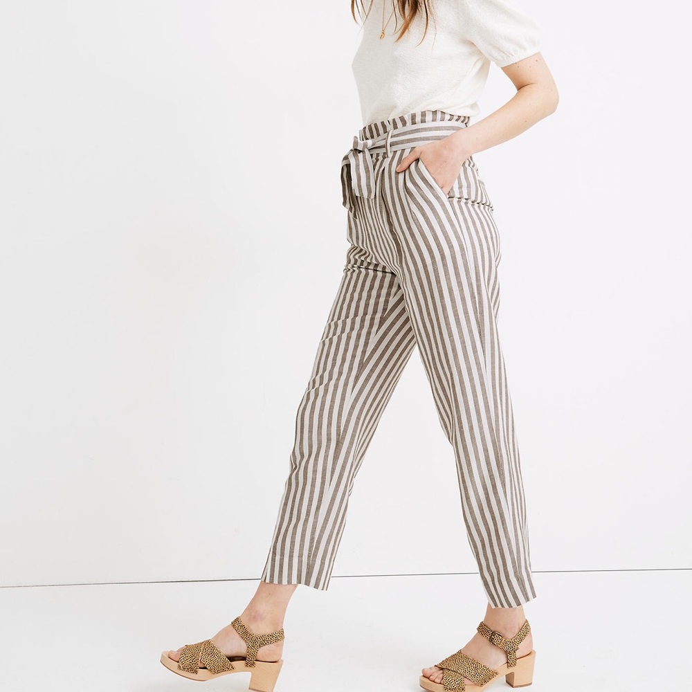 ENTRO Striped Tie Waist Paperbag Pants